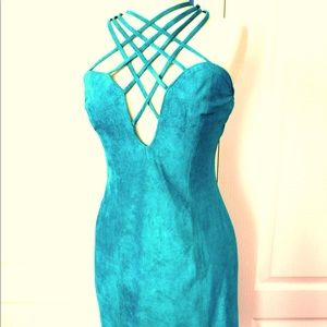 Vintage 1980s TEAL GREEN Suede Halter Mini Dress